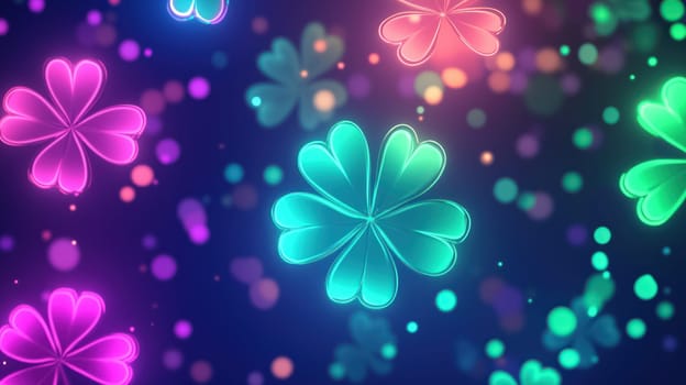 Glowing neon shamrocks on a colorful bokeh background, symbolizing St. Patrick's Day