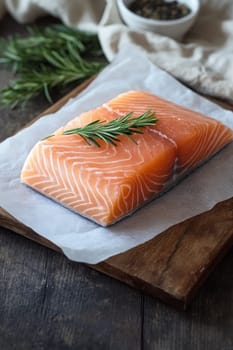 Raw salmon fillet with herbs and spices on a wooden board, Generative AI, food