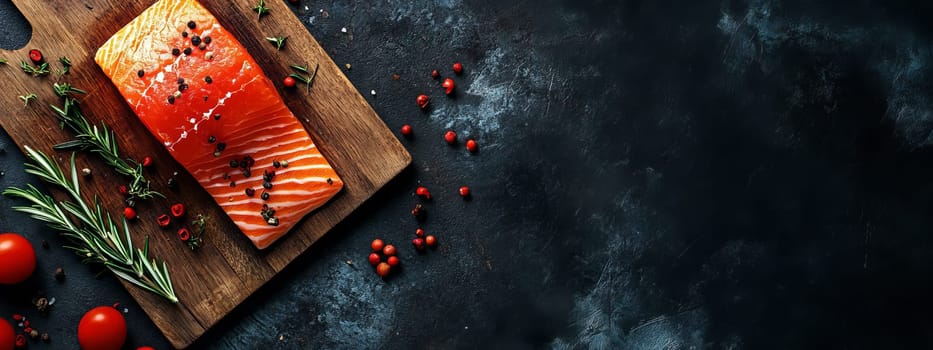 Raw salmon fillet with herbs and spices on a wooden board, Generative AI, food