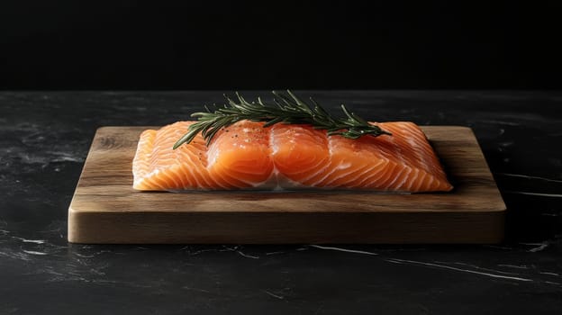 Raw salmon fillet with herbs and spices on a wooden board, Generative AI, food
