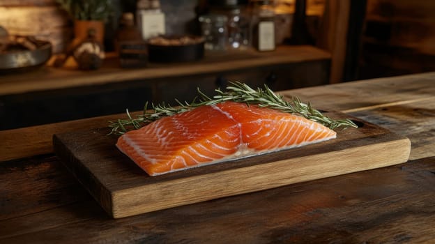 Raw salmon fillet with herbs and spices on a wooden board, Generative AI, food