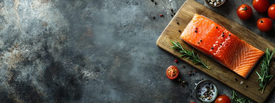 Raw salmon fillet with herbs and spices on a wooden board, Generative AI, food