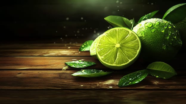 Fresh limes on wooden background, Generative AI, food