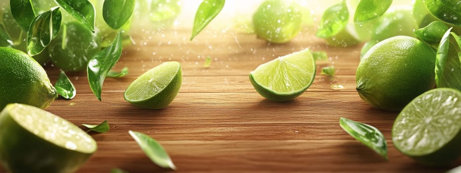 Fresh limes on wooden background, Generative AI, food