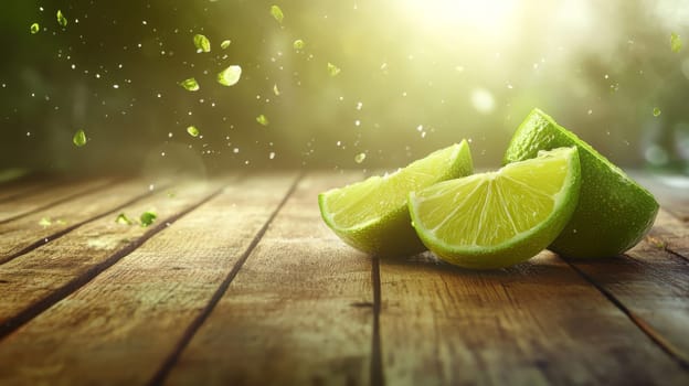 Fresh limes on wooden background, Generative AI, food