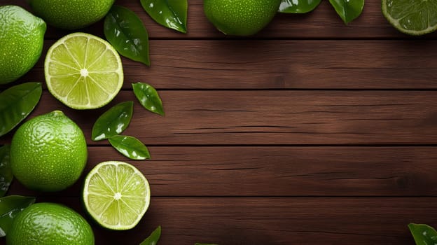 Fresh limes on wooden background, Generative AI, food
