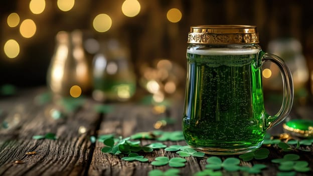 A frothy green beer in a festive mug with gold accents on a rustic wooden table, surrounded by shamrocks for St. Patrick's Day