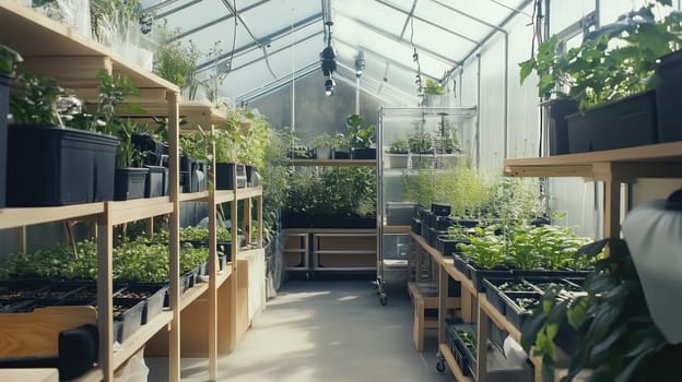 A modern greenhouse filled with thriving plants, showcasing sustainable agriculture and indoor farming techniques