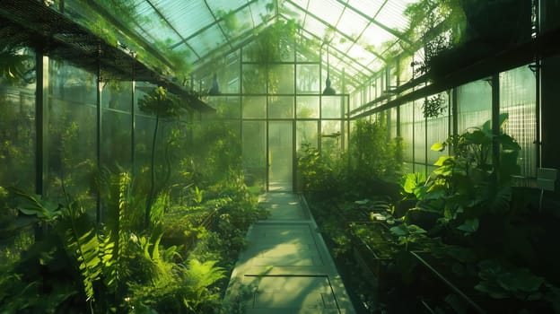 A lush greenhouse filled with vibrant plants, bathed in soft sunlight filtering through the glass panels