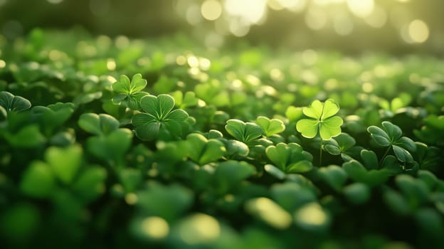 Lush green clovers with a glowing four leaf clover in focus, symbolizing luck and prosperity. Perfect for St. Patrick's Day themes