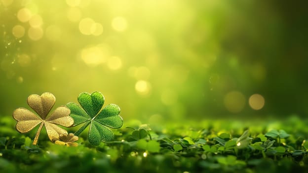 Golden and green shamrocks covered in dew on a lush green background with glowing bokeh, symbolizing St. Patrick's Day