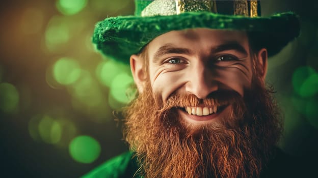 Smiling leprechaun with a green hat and red beard celebrating St. Patrick's Day, festive Irish holiday theme