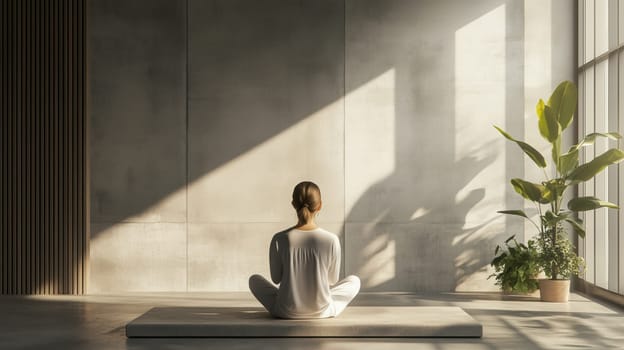 A woman practicing meditation in a minimalist space with natural light, promoting relaxation, mindfulness, and inner peace