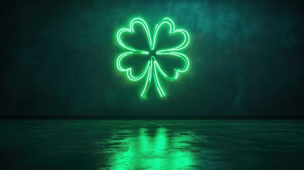 Glowing green neon shamrock sign reflecting on a dark surface, symbolizing Irish culture and St. Patrick's Day celebration