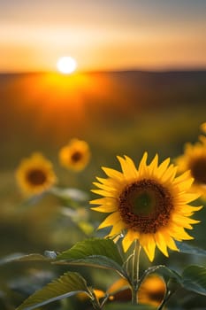 Sunflower field sunset evening nature landscape yellow dark background alt generated ai. High quality illustration