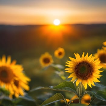 Sunflower field sunset evening nature landscape yellow dark background alt generated ai. High quality illustration