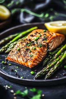 fried salmon on a plate, Generative AI, food
