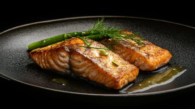fried salmon on a plate, Generative AI, food