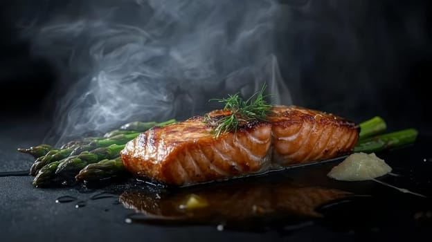 fried salmon on a plate, Generative AI, food