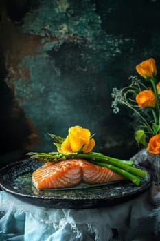 fried salmon on a plate, Generative AI, food