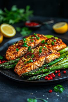 fried salmon on a plate, Generative AI, food