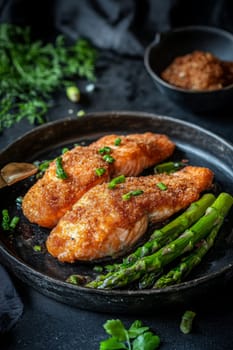 fried salmon on a plate, Generative AI, food