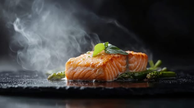 fried salmon on a plate, Generative AI, food