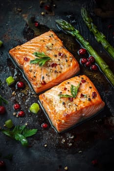 fried salmon on a plate, Generative AI, food
