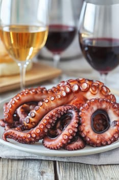 Fried octopus on a plate and a glass of wine. selective focus. Generative AI, food