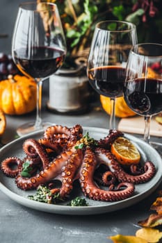 Fried octopus on a plate and a glass of wine. selective focus. Generative AI, food
