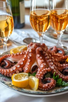 Fried octopus on a plate and a glass of wine. selective focus. Generative AI, food
