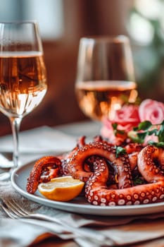 Fried octopus on a plate and a glass of wine. selective focus. Generative AI, food