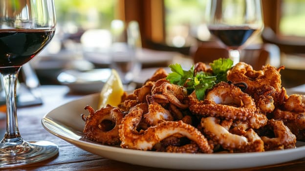 Fried octopus on a plate and a glass of wine. selective focus. Generative AI, food