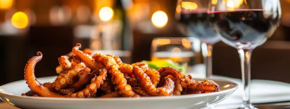 Fried octopus on a plate and a glass of wine. selective focus. Generative AI, food