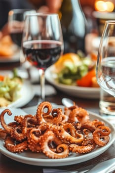 Fried octopus on a plate and a glass of wine. selective focus. Generative AI, food