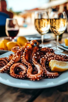 Fried octopus on a plate and a glass of wine. selective focus. Generative AI, food
