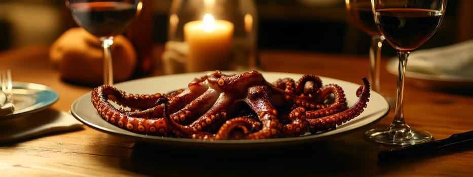 Fried octopus on a plate and a glass of wine. selective focus. Generative AI, food