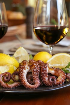 Fried octopus on a plate and a glass of wine. selective focus. Generative AI, food