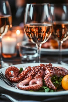 Fried octopus on a plate and a glass of wine. selective focus. Generative AI, food