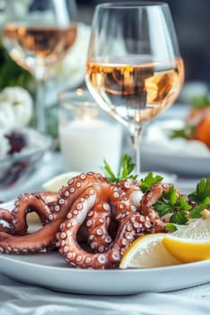 Fried octopus on a plate and a glass of wine. selective focus. Generative AI, food