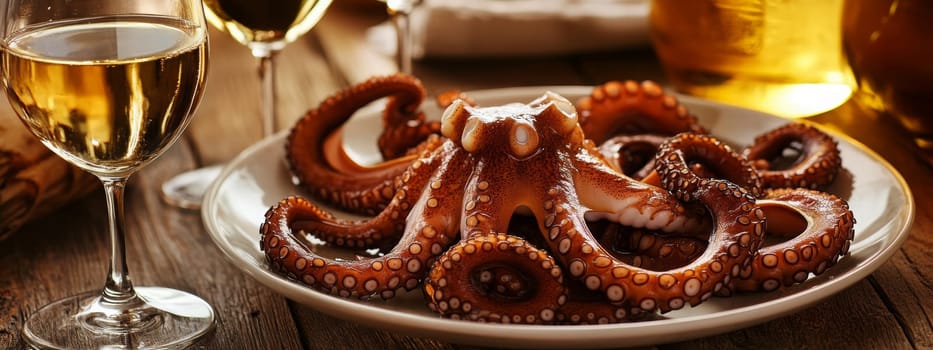 Fried octopus on a plate and a glass of wine. selective focus. Generative AI, food