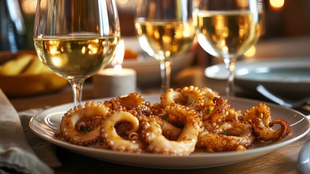 Fried octopus on a plate and a glass of wine. selective focus. Generative AI, food