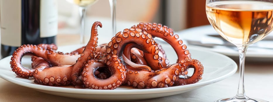 Fried octopus on a plate and a glass of wine. selective focus. Generative AI, food