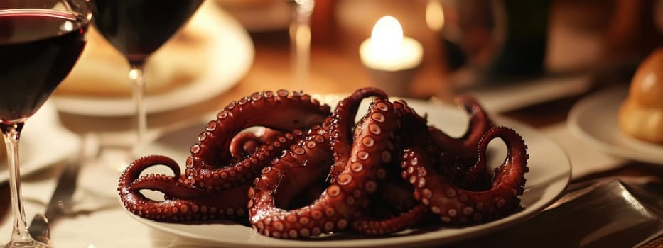 Fried octopus on a plate and a glass of wine. selective focus. Generative AI, food