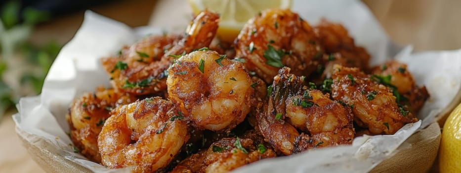 Fried shrimps on a plate with vegetables, Generative AI, food