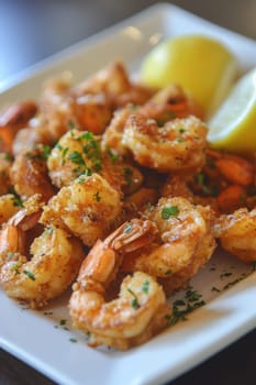 Fried shrimps on a plate with vegetables, Generative AI, food