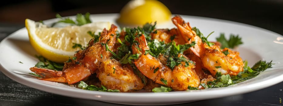 Fried shrimps on a plate with vegetables, Generative AI, food
