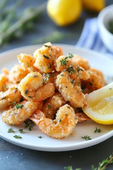 Fried shrimps on a plate with vegetables, Generative AI, food