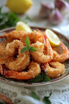 Fried shrimps on a plate with vegetables, Generative AI, food