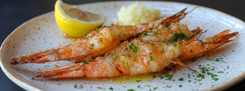 Fried shrimps on a plate with vegetables, Generative AI, food